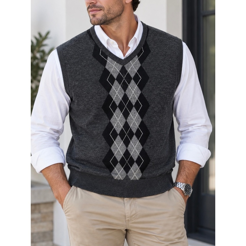 Dockers Mens Argyle Sweater Vest Gray Black V-Neck Knit Sleeveless Size Large